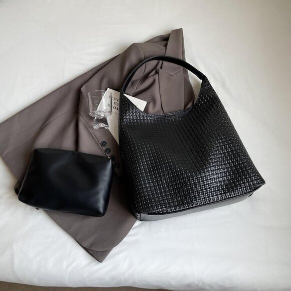 Woven Tote Bag Vegan Leather Large Capacity Shoulder Handbag for Women - Picture 6 of 8